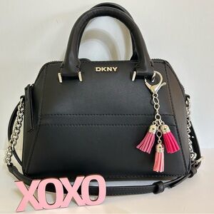 FREE Purse Charm W/Purchase of DKNY Veda Small Satchel Crossbody Black & Silver.